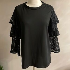 Pleione women’s black top ruffled lace tiered bell sleeves 3/4 size Relaxed S
